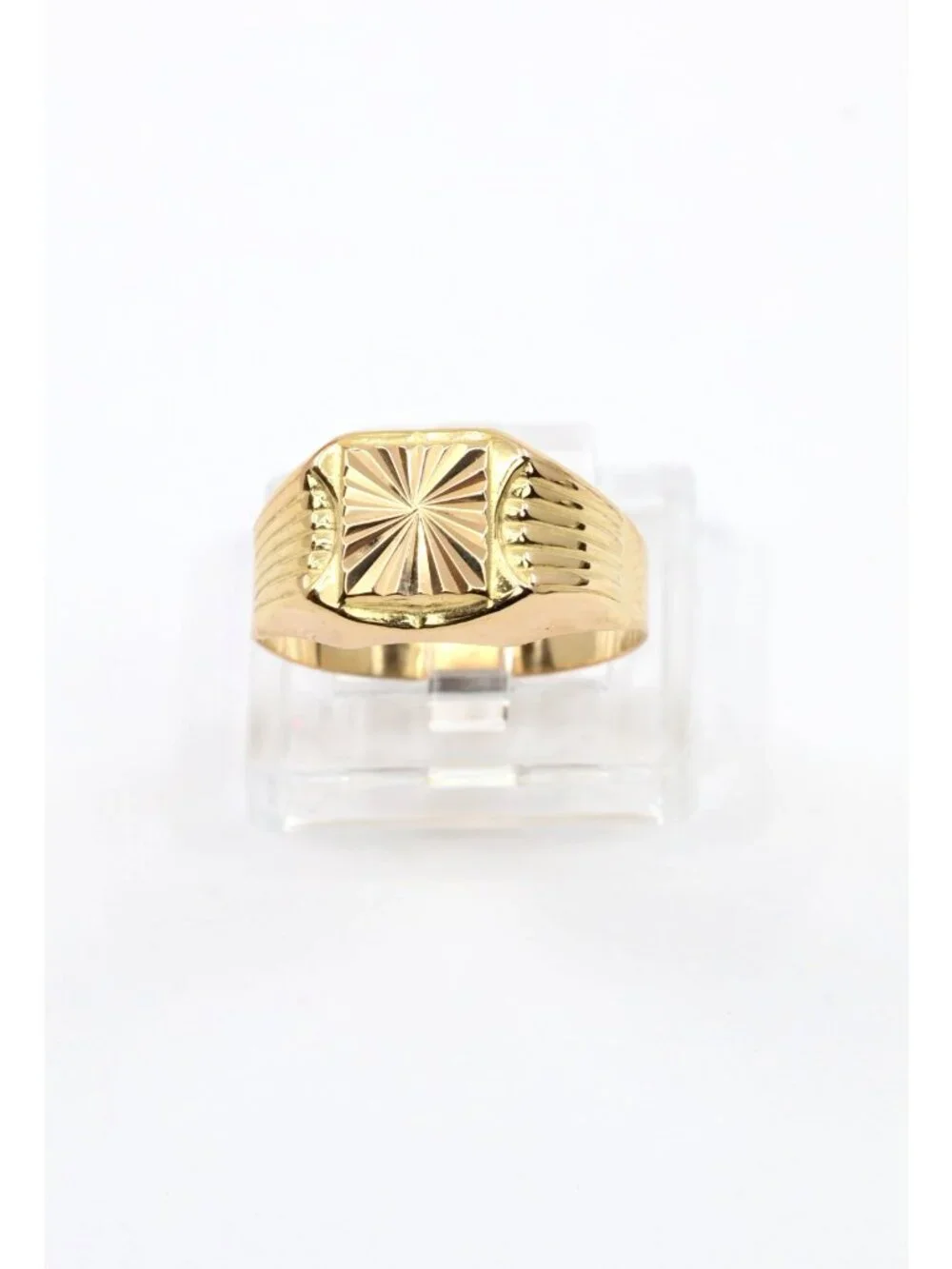 Vintage 18K Solid Yellow Gold Italian Diamond Cut Starburst Signet Ring Size 8.5